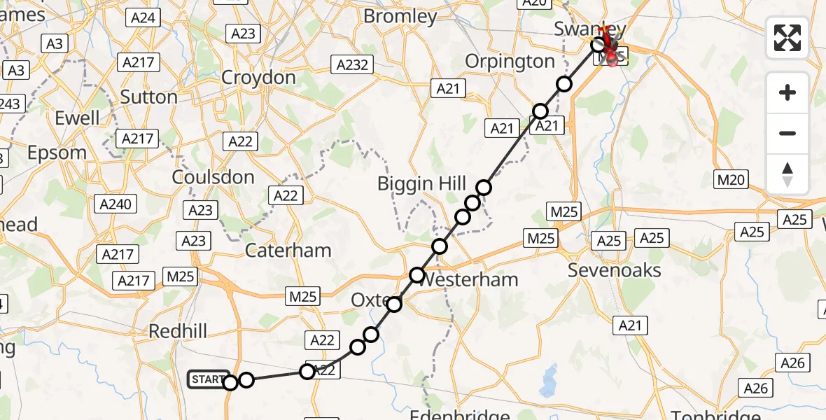 Flight path map showing Air Ambulance Helicopter route from Redhill Aerodrome to Swanley
