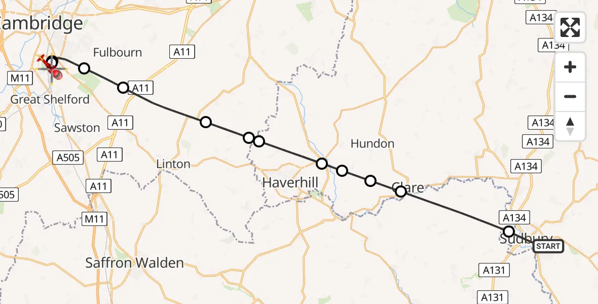 Flight path map showing Air Ambulance Helicopter route from Sudbury to Papworth Hospital