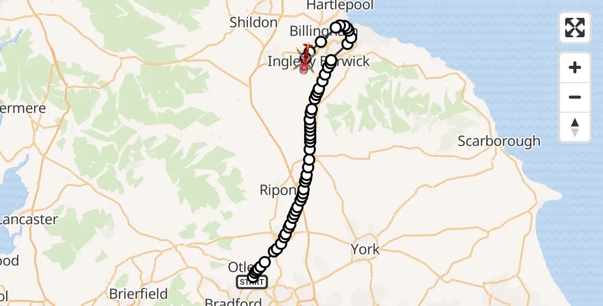 Flight path map showing Air Ambulance Helicopter route from Leeds Bradford Airport to Egglescliffe