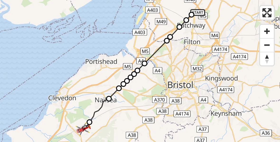 Flight path map showing Air Ambulance Helicopter route from Almondsbury Helicopter Base to Claverham