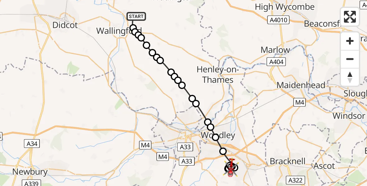 Flight path map showing Air Ambulance Helicopter route from RAF Benson to Barkham