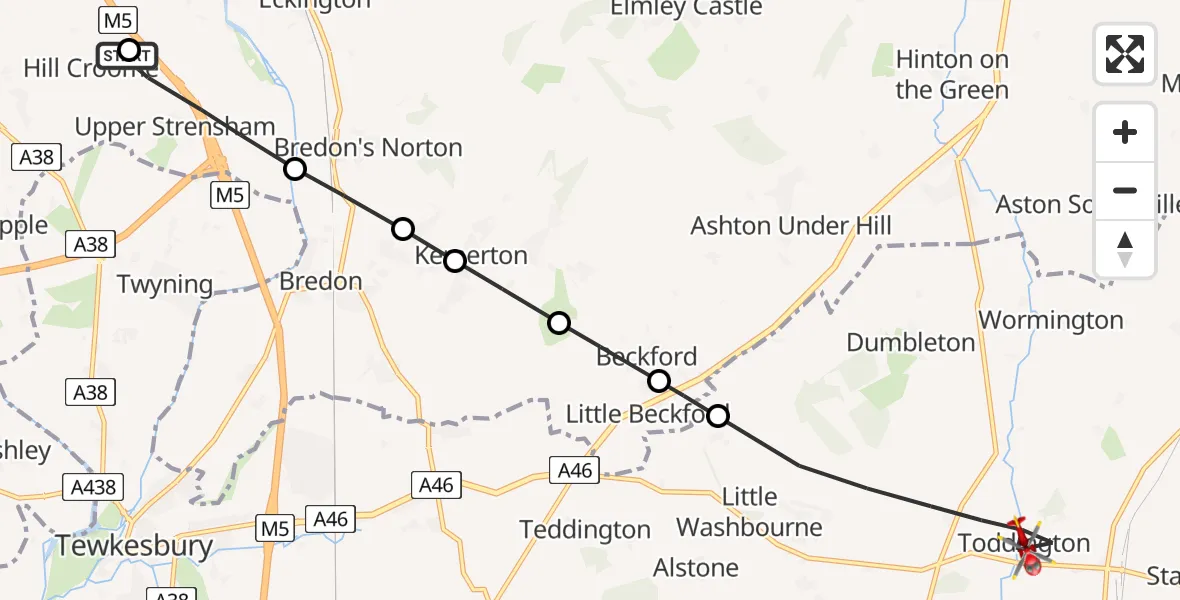 Flight path map showing Air Ambulance Helicopter route from Hill Croome to Tewkesbury