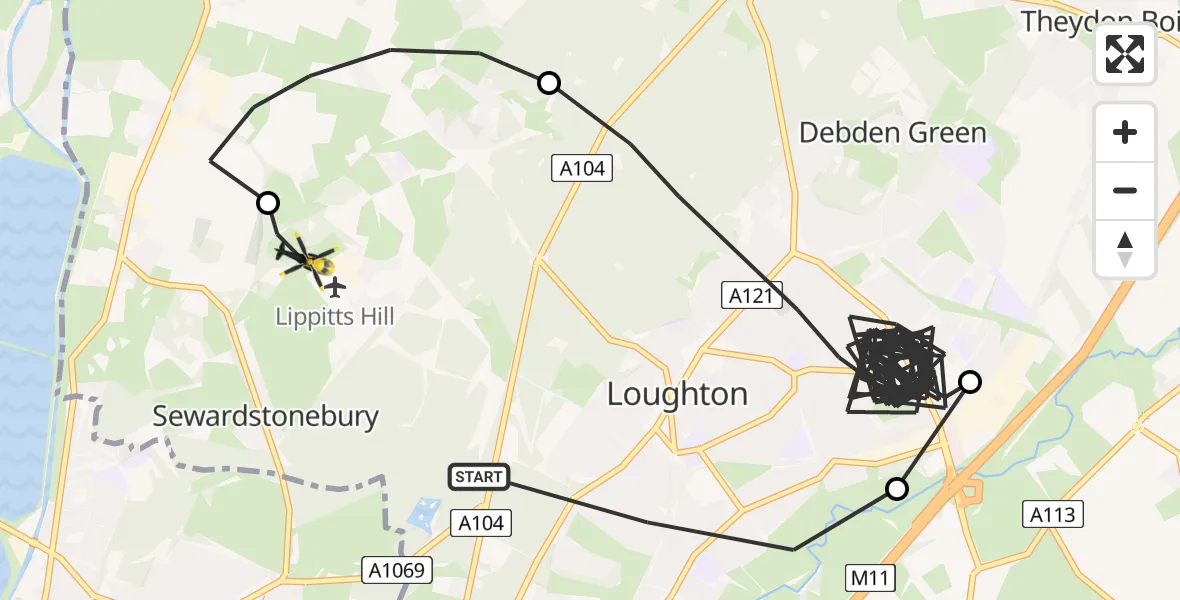 Flight path map showing Police Helicopter route from Loughton to Sewardstonebury