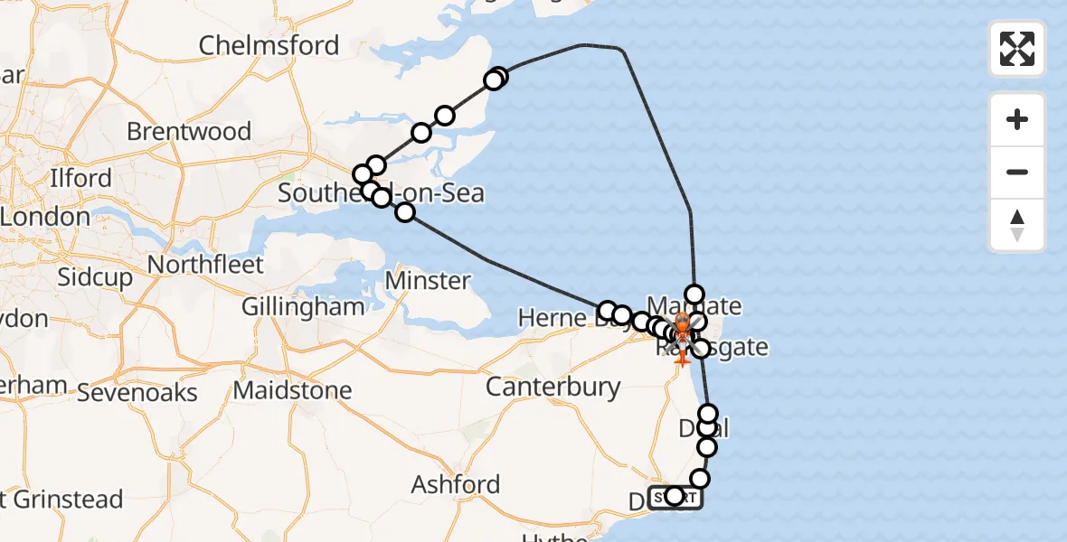 Flight path map showing Coastguard Helicopter route from Langdon Battery Heliport to Manston Airport