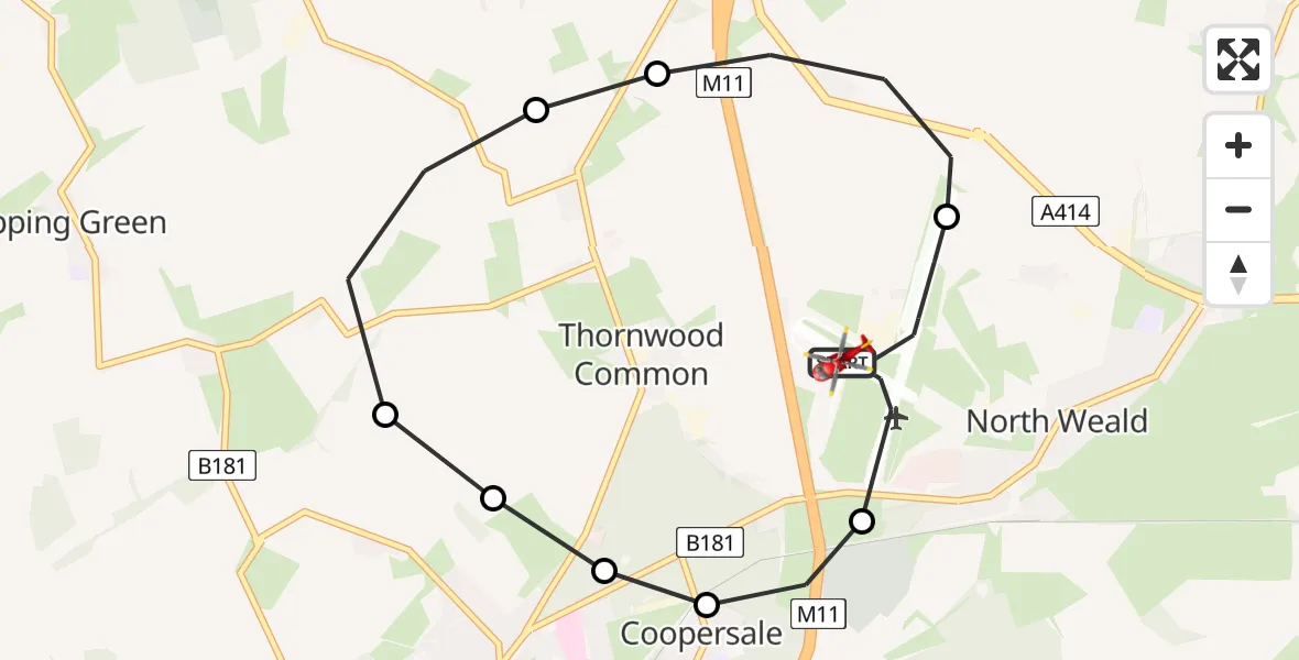 Flight path map showing Air Ambulance Helicopter route from North Weald Airfield to North Weald Airfield