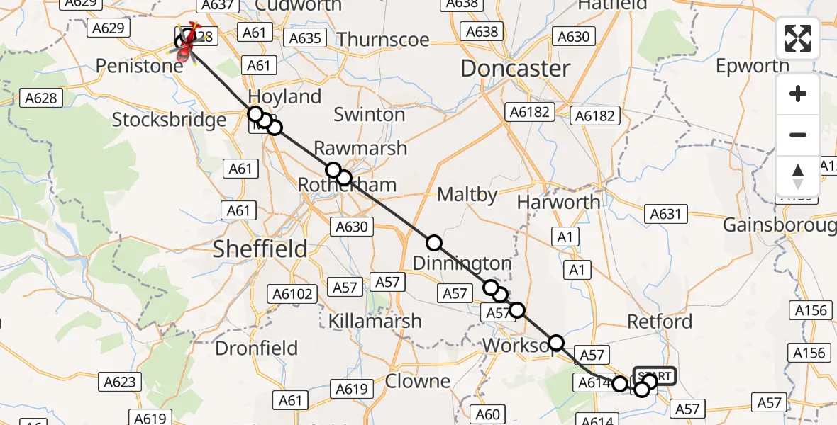Flight path map showing Air Ambulance Helicopter route from Retford Gamston Airport to Barnsley
