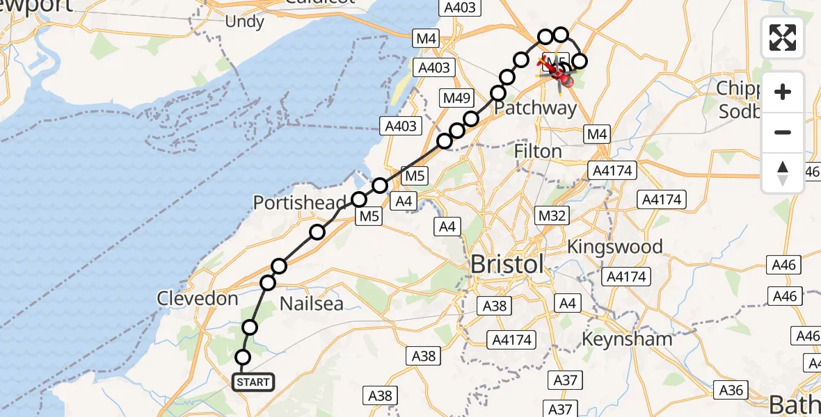 Flight path map showing Air Ambulance Helicopter route from Claverham to Almondsbury Helicopter Base