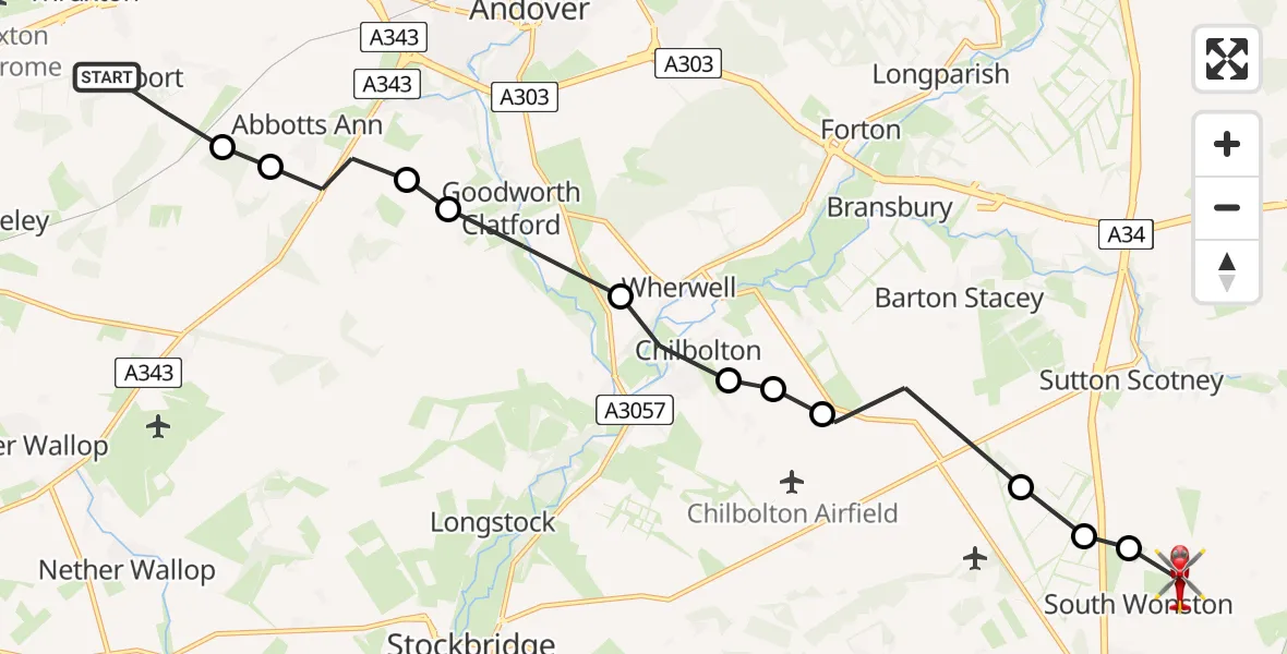 Flight path map showing Air Ambulance Helicopter route from Amport to South Wonston