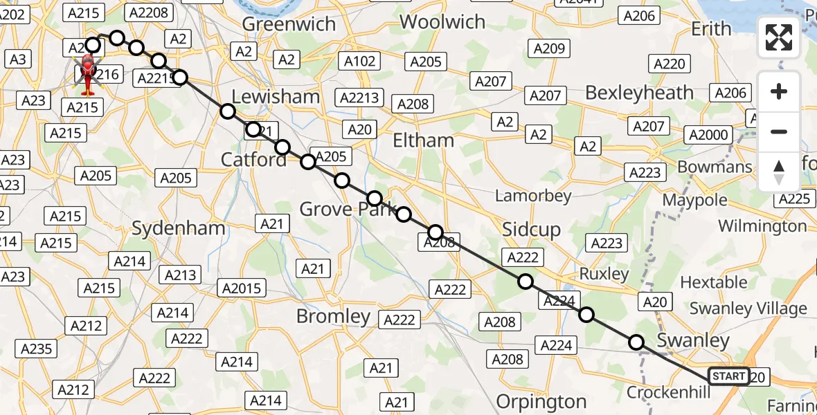 Flight path map showing Air Ambulance Helicopter route from Swanley to Kings College London Hospital