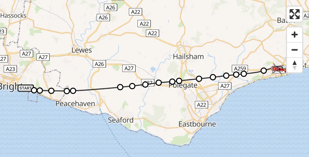Flight path map showing Air Ambulance Helicopter route from Brighton to Bexhill-on-Sea