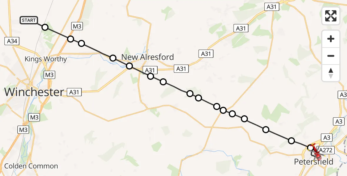 Flight path map showing Air Ambulance Helicopter route from South Wonston to Petersfield