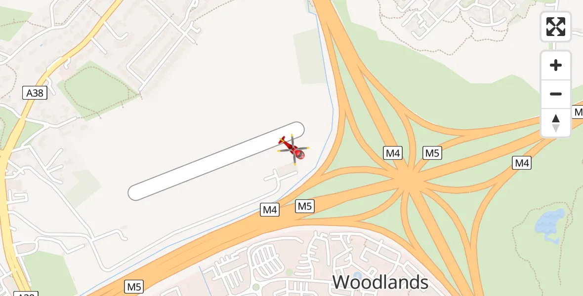 Flight path map showing Air Ambulance Helicopter route from Almondsbury Helicopter Base to Almondsbury Helicopter Base
