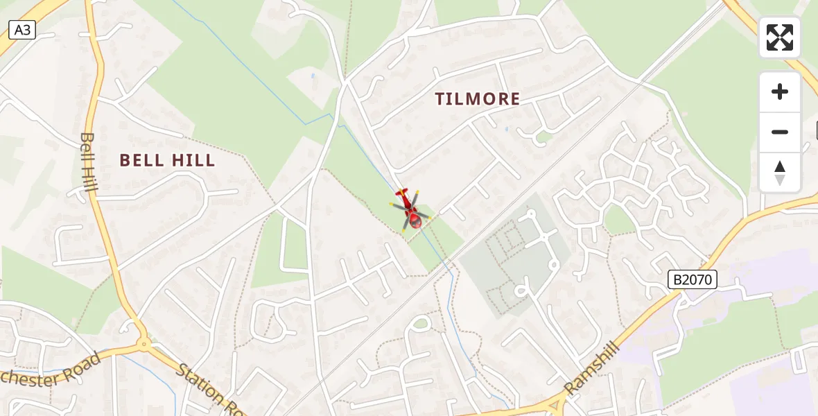 Flight path map showing Air Ambulance Helicopter route from Petersfield to Petersfield
