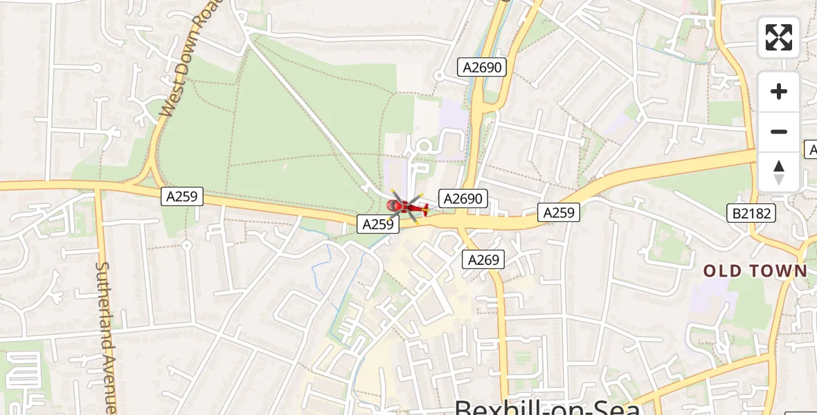 Flight path map showing Air Ambulance Helicopter route from Bexhill-on-Sea to Bexhill-on-Sea