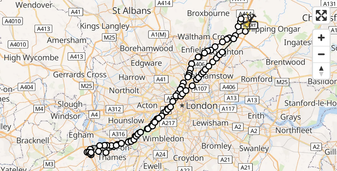 Flight path map showing Police Helicopter route from North Weald Airfield to North Weald Bassett