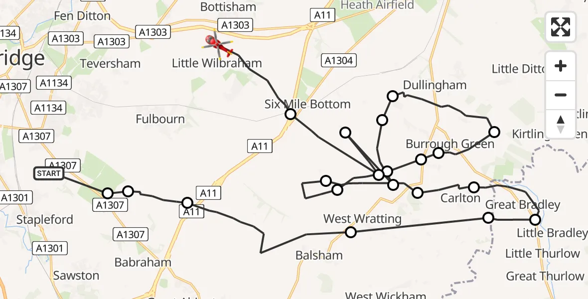 Flight path map showing Air Ambulance Helicopter route from Great Shelford to RAF Bottisham