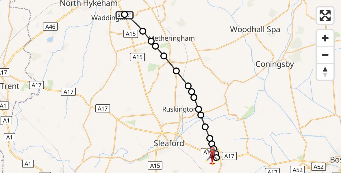 Flight path map showing Air Ambulance Helicopter route from RAF Waddington to Heckington