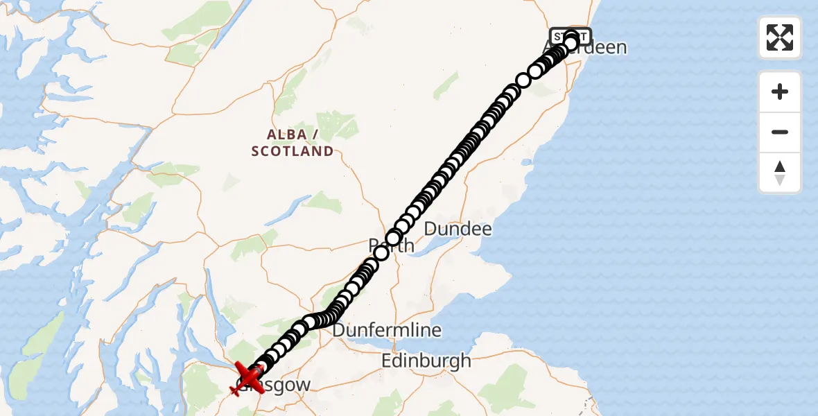 Flight path map showing Air Ambulance Aircraft route from Aberdeen International Airport to Glasgow Airport