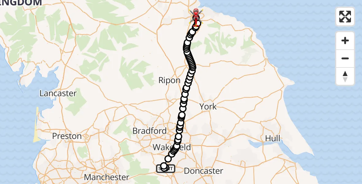 Flight path map showing Air Ambulance Helicopter route from Barnsley to James Cook University Hospital