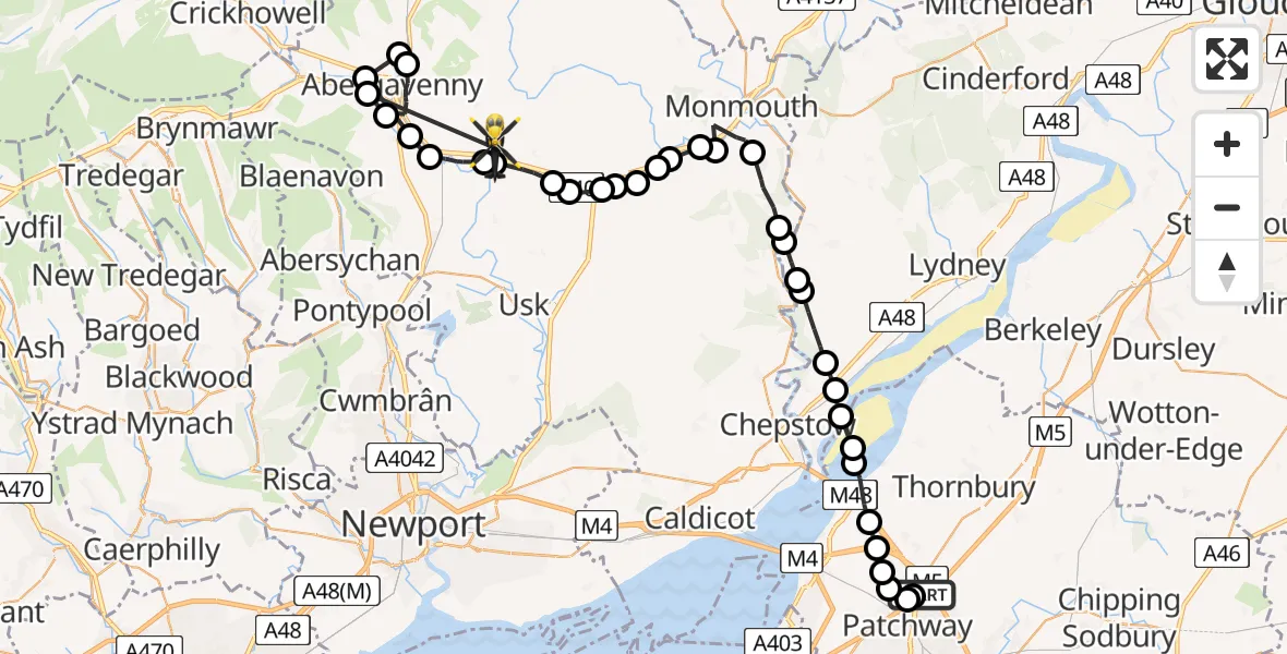 Flight path map showing Police Helicopter route from Almondsbury Helicopter Base to Llanarth