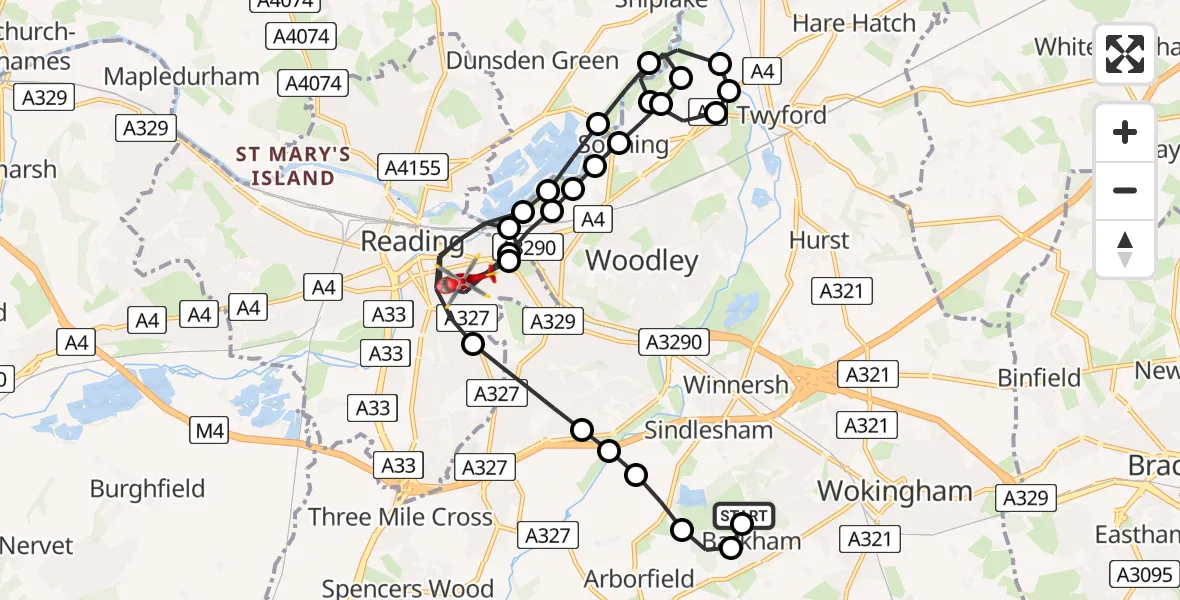 Flight path map showing Air Ambulance Helicopter route from Sindlesham to Reading