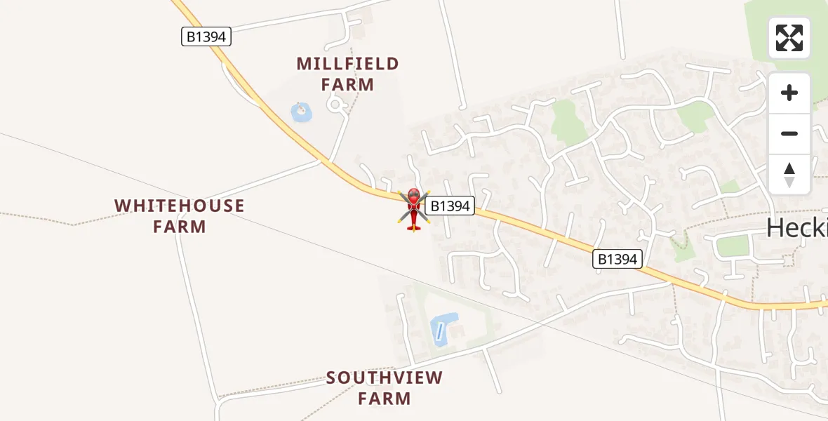 Flight path map showing Air Ambulance Helicopter route from Heckington to Heckington