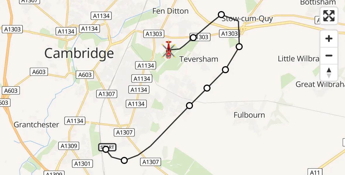 Flight path map showing Air Ambulance Helicopter route from Papworth Hospital to Cambridge City Airport