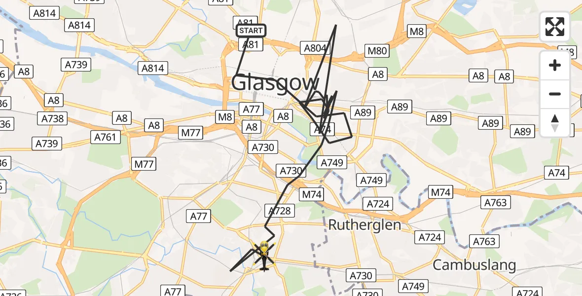 Flight path map showing Police Helicopter route from Glasgow to Glasgow
