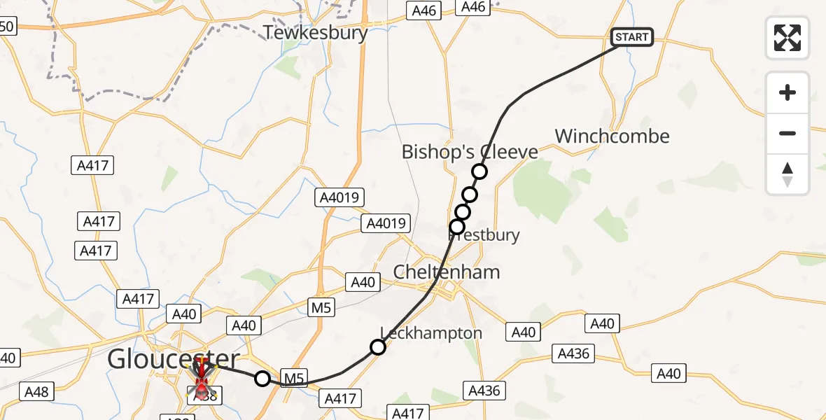Flight path map showing Air Ambulance Helicopter route from Tewkesbury to Gloucester