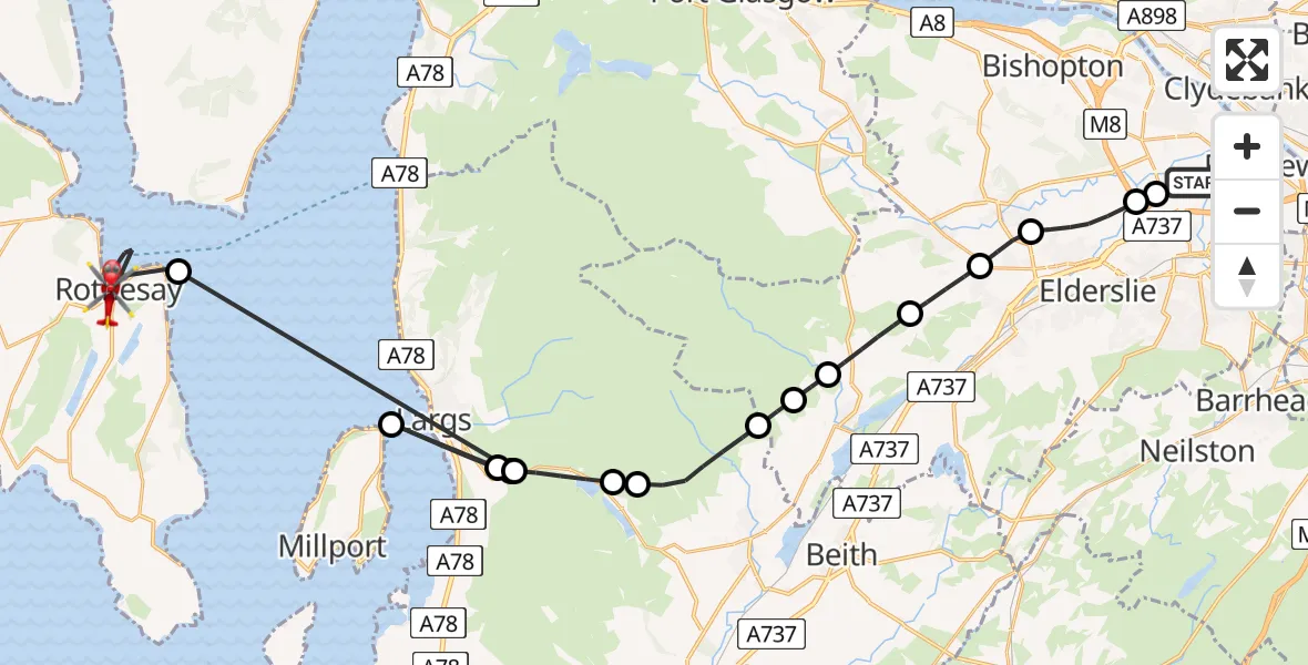 Flight path map showing Air Ambulance Helicopter route from Glasgow Airport to Inner Seas