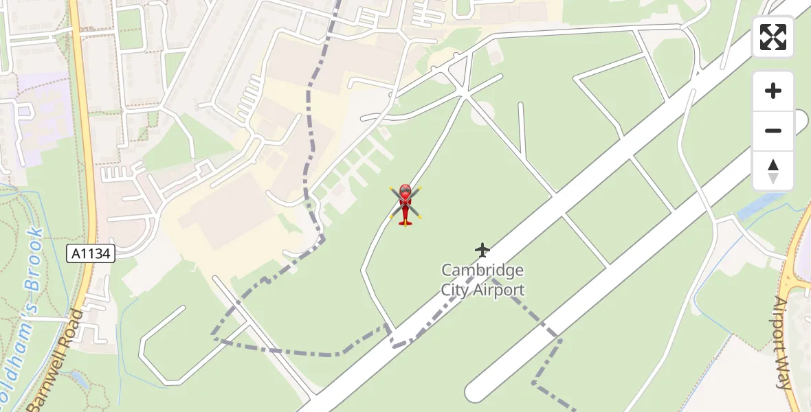 Flight path map showing Air Ambulance Helicopter route from Cambridge City Airport to Cambridge City Airport