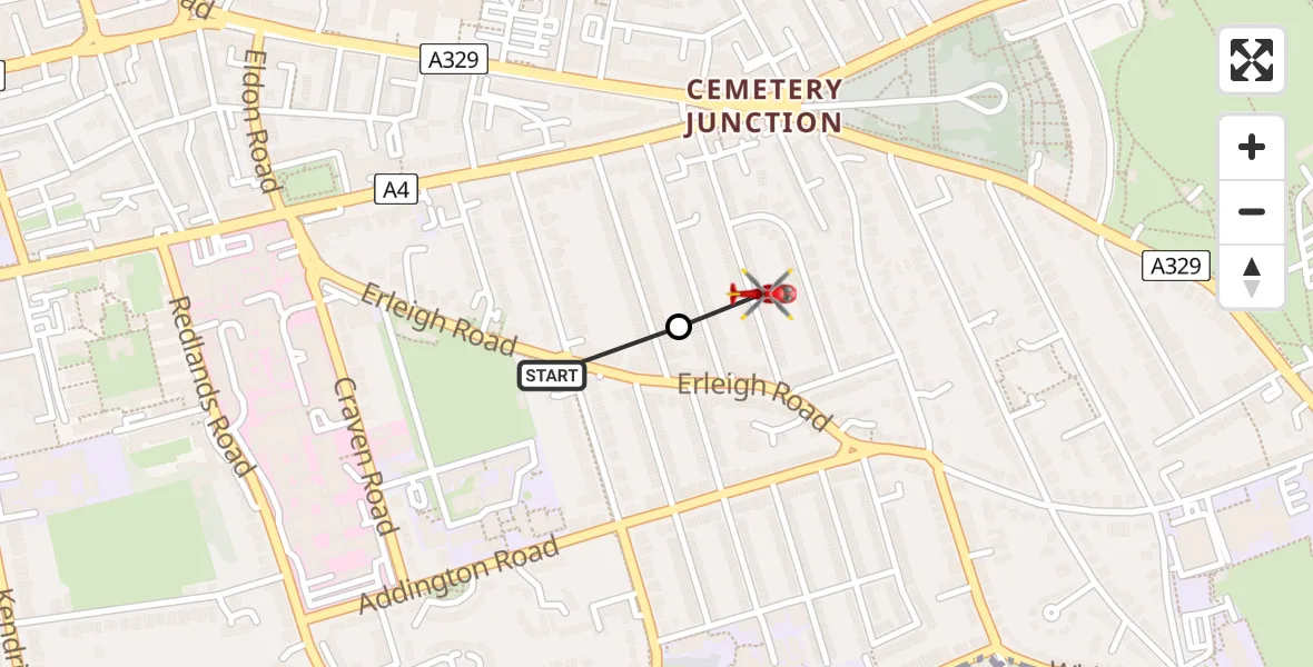 Flight path map showing Air Ambulance Helicopter route from Royal Berkshire Hospital to Reading