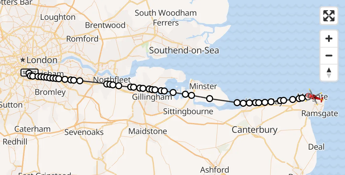 Flight path map showing Air Ambulance Helicopter route from Kings College London Hospital to Margate
