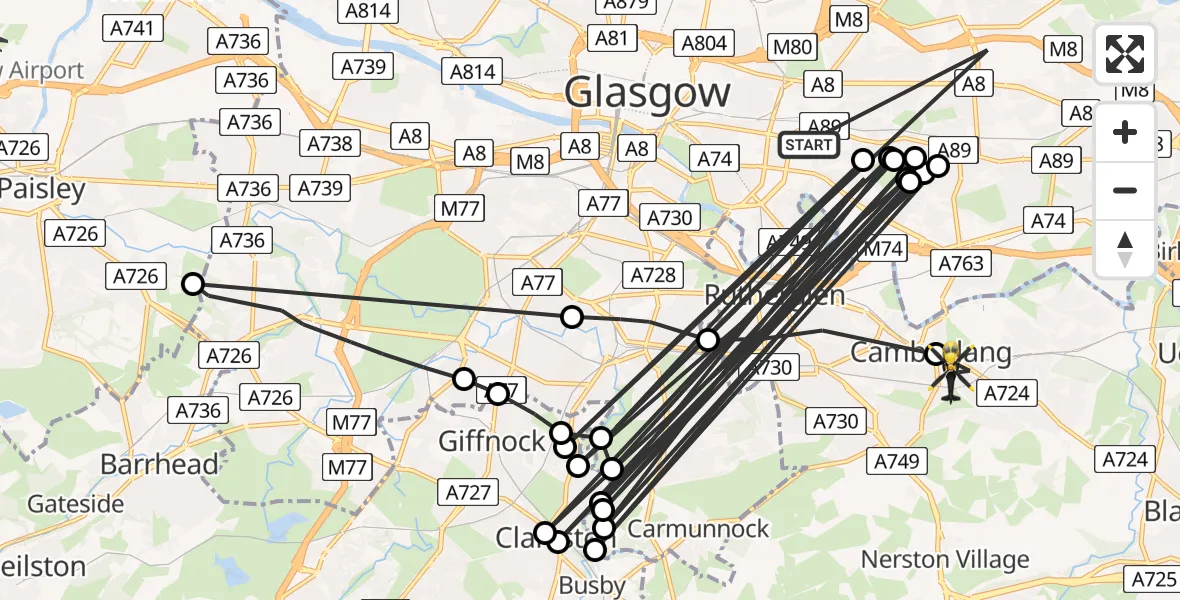 Flight path map showing Police Helicopter route from Glasgow to Cambuslang