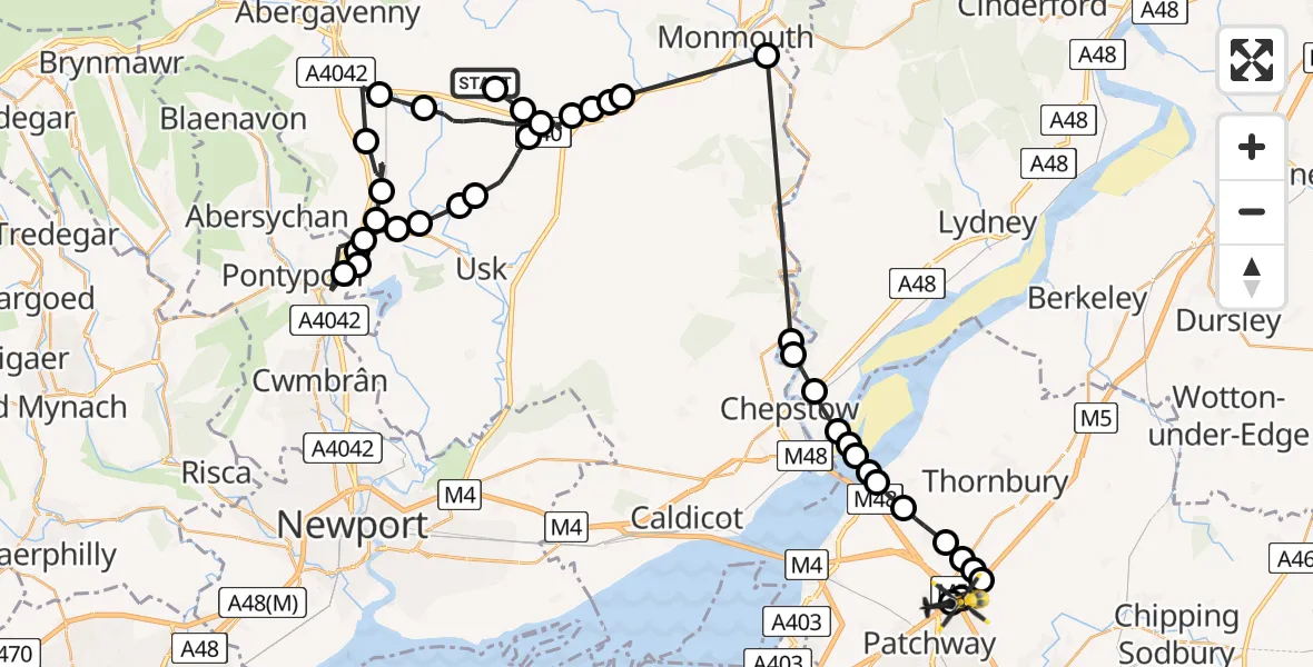 Flight path map showing Police Helicopter route from Usk to Almondsbury Helicopter Base