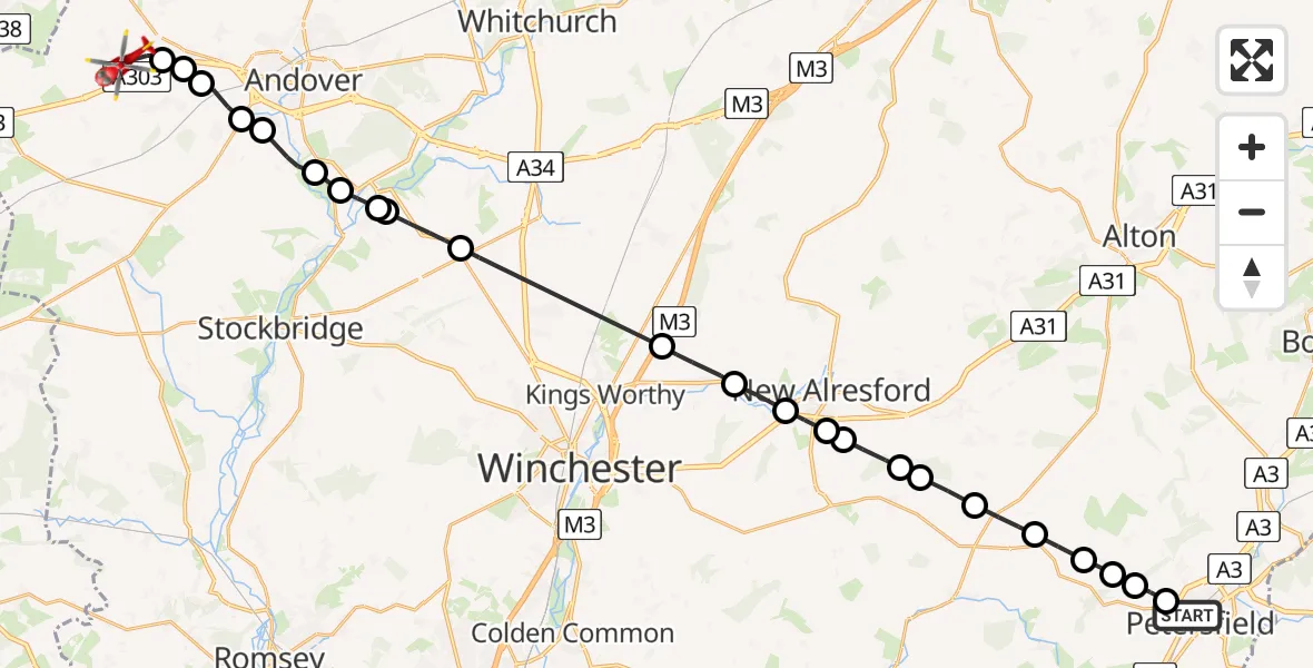 Flight path map showing Air Ambulance Helicopter route from Petersfield to Fyfield