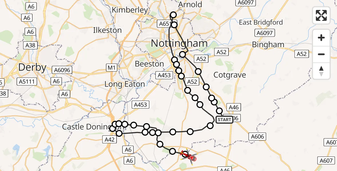 Flight path map showing Air Ambulance Helicopter route from Widmerpool to Hoton