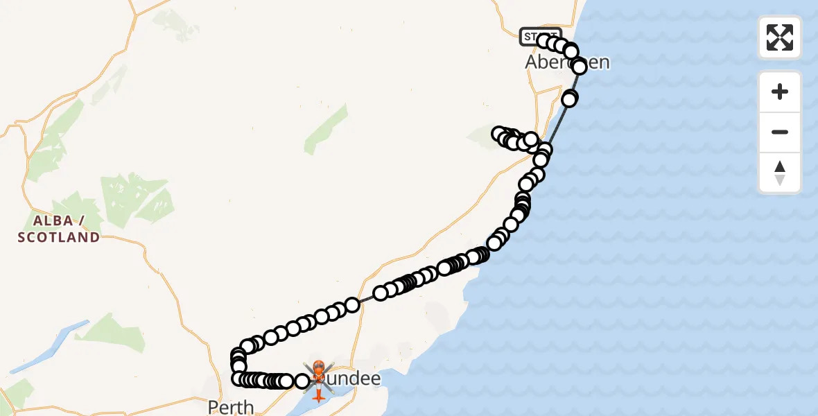 Flight path map showing Coastguard Helicopter route from Aberdeen International Airport to Invergowrie