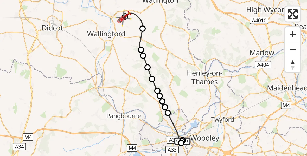 Flight path map showing Air Ambulance Helicopter route from Royal Berkshire Hospital to RAF Benson