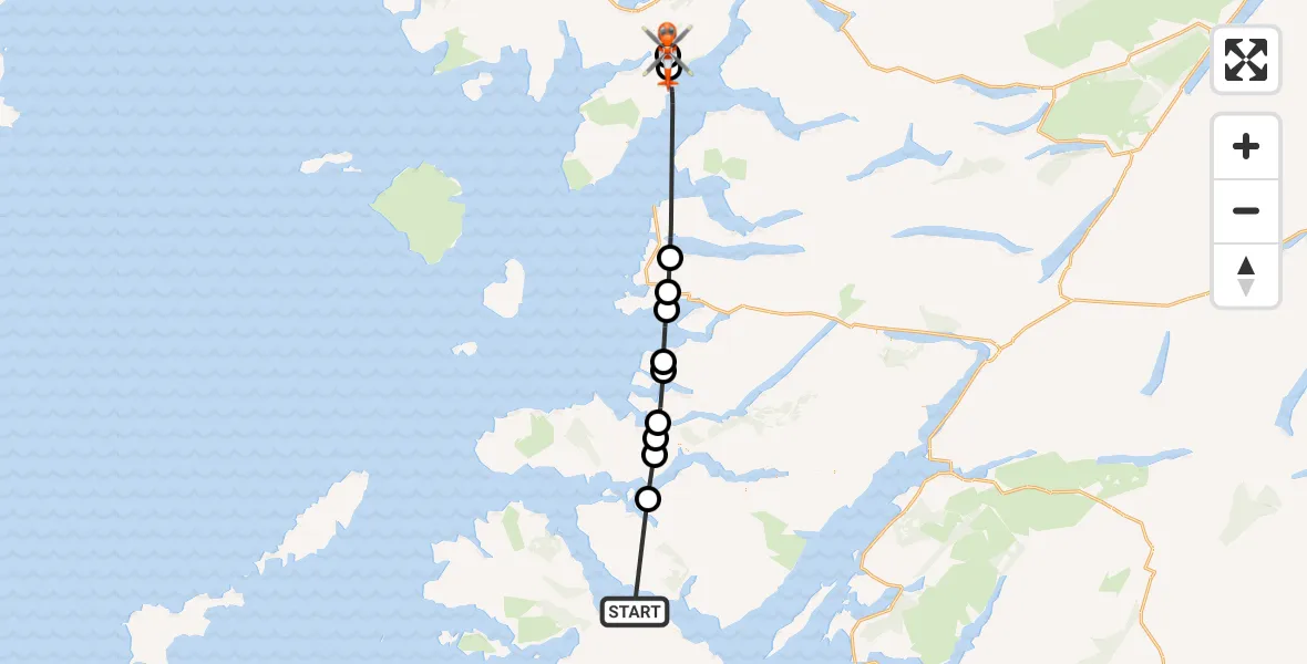 Flight path map showing Coastguard Helicopter route from Argyll and Bute to Sleat - Slèite