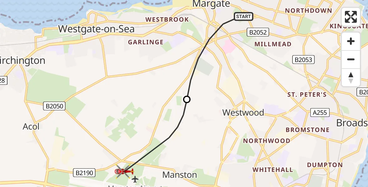 Flight path map showing Air Ambulance Helicopter route from Margate to Manston Airport