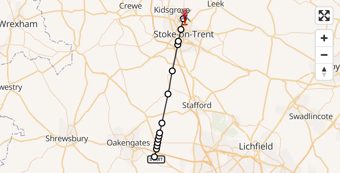 Flight path map showing Air Ambulance Helicopter route from RAF Cosford to Norton-Le-Moors