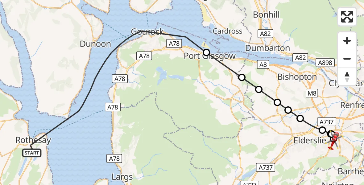 Flight path map showing Air Ambulance Helicopter route from Inner Seas to Royal Alexandria Hospital Paisley