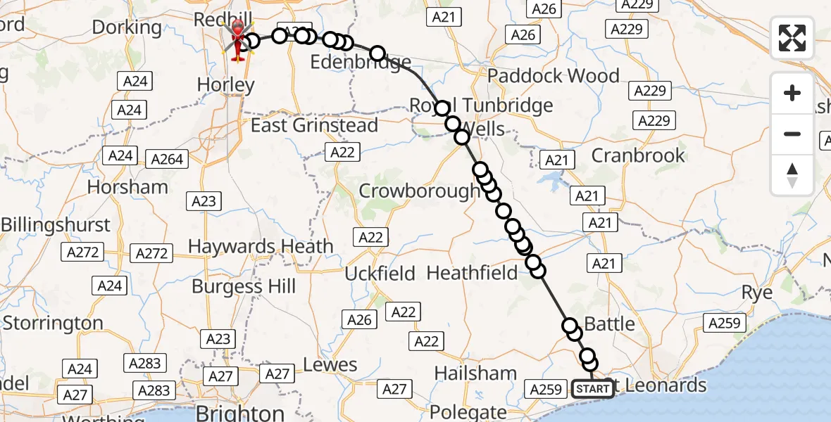 Flight path map showing Air Ambulance Helicopter route from Bexhill-on-Sea to Redhill Aerodrome