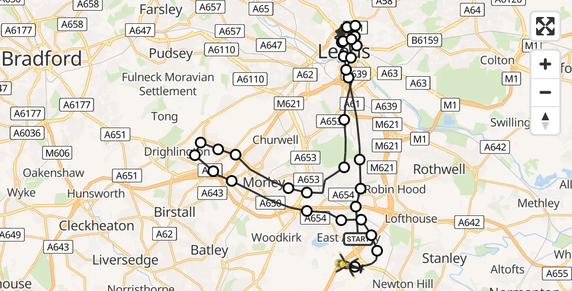 Flight path map showing Police Helicopter route from East Ardsley to East Ardsley
