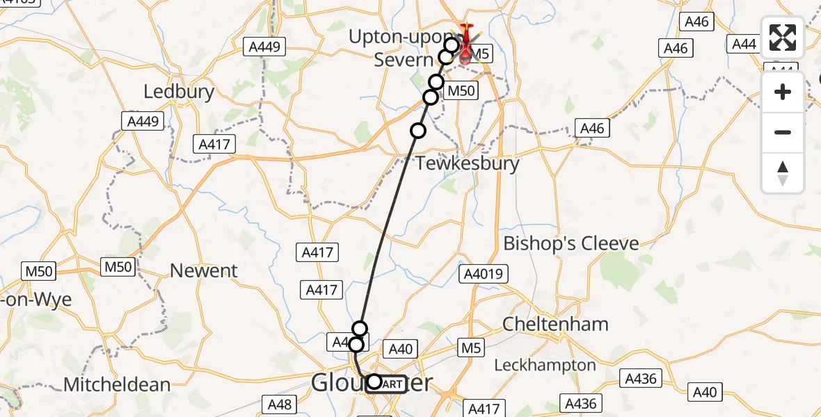 Flight path map showing Air Ambulance Helicopter route from Gloucester Royal Hospital to Hill Croome