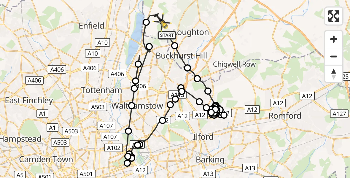 Flight path map showing Police Helicopter route from Sewardstonebury to Sewardstonebury