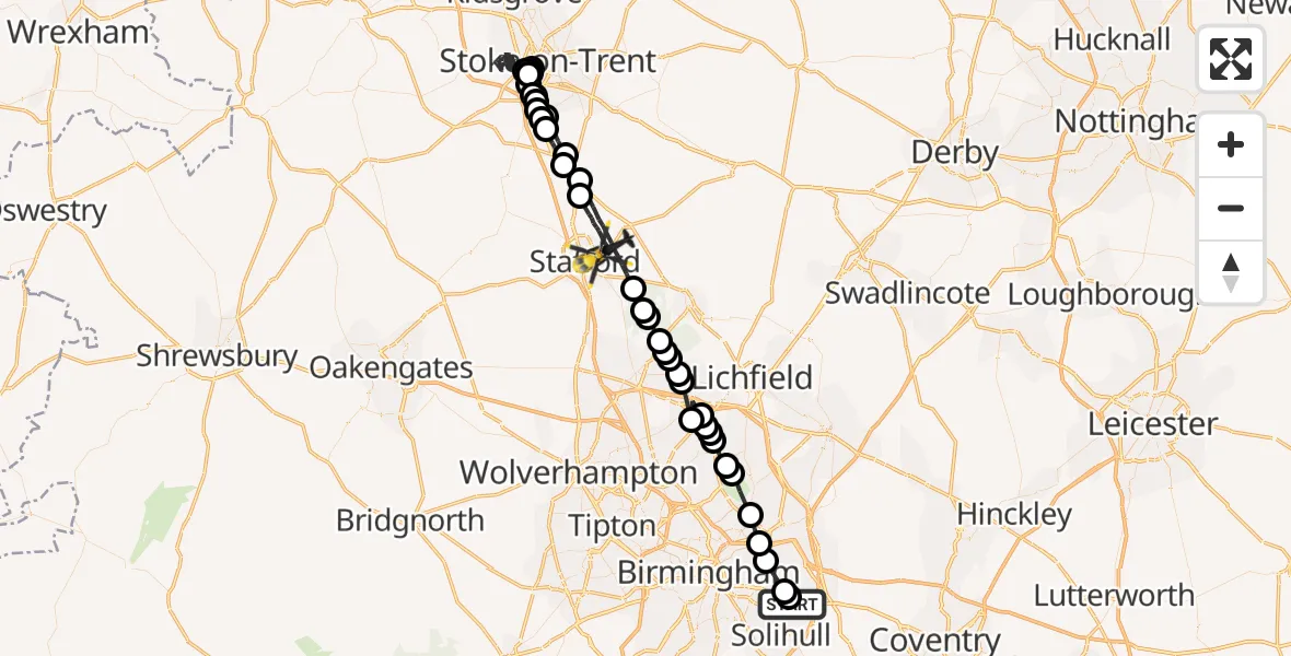 Flight path map showing Police Helicopter route from Birmingham Airport to Stafford
