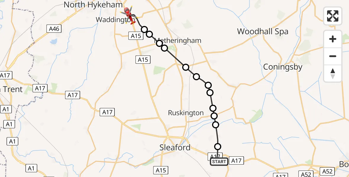 Flight path map showing Air Ambulance Helicopter route from Heckington to North Kesteven