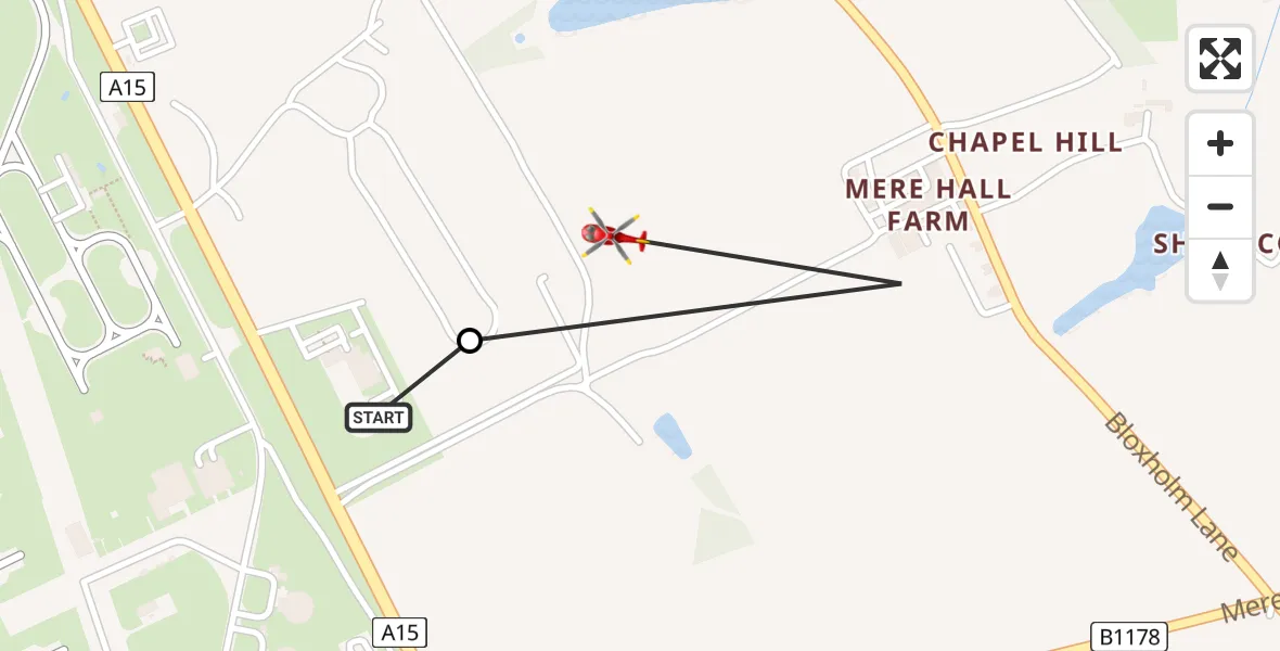 Flight path map showing Air Ambulance Helicopter route from RAF Waddington to North Kesteven